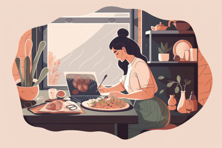 person, cooking delicious meal while working from home, created with generative aiの素材