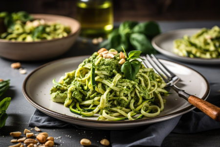 plate of zucchini pasta with creamy pesto and pine nuts, created with generative aiの素材
