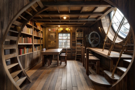 unusual or unexpected spaces for homeschooling, including a ship, library, or museum, created with generative aiの素材