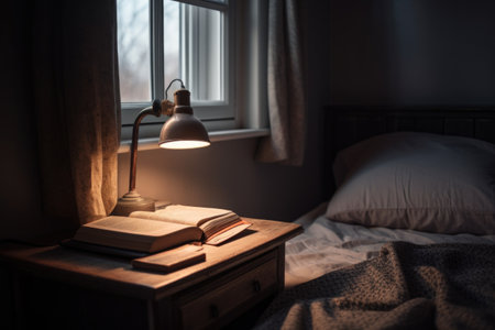 cozy bedroom with books and a lamp for independent learning, created with generative aiの素材