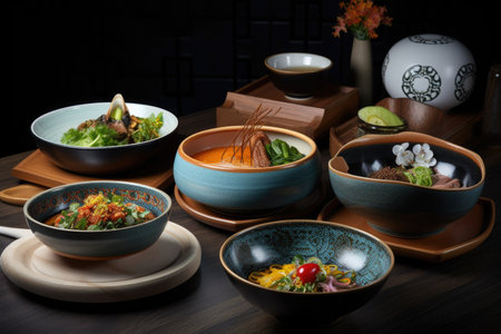 trendy restaurant, serving dishes inspired by a variety of cultural influences, created with generative aiの素材
