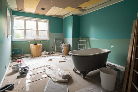 a room with a variety of home improvement projects in progress, including painting, plumbing, and tile work, created with generative aiの素材