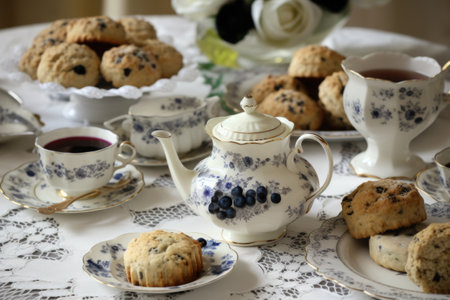 tea party setting with scones and muffins on a lace tablecloth, created with generative aiの素材