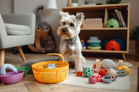 pet owner, choosing from variety of toys and accessories for their furry friend, created with generative aiの素材