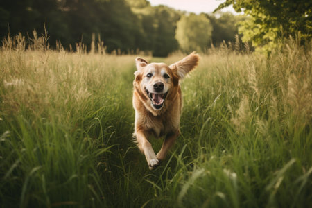 portrait of dog running through field of tall green grass, created with generative aiの素材