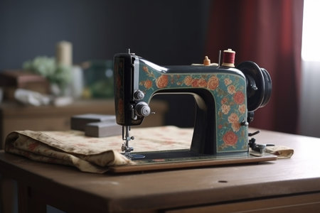 sewing machine and fabric on wooden table, close-up, created with generative aiの素材