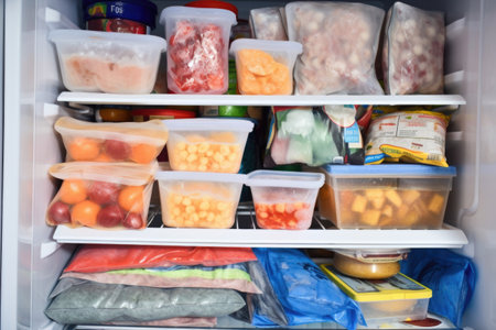 freezer with variety of frozen foods and snacks, including individually wrapped ice pops, created with generative aiの素材
