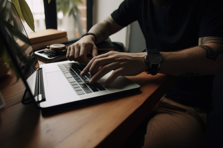 freelancer working from home, with laptop and mobile phone close by, created with generative aiの素材