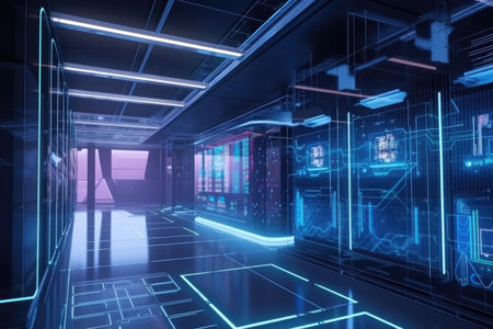 data center in futuristic sci-fi world, with floating holographic displays and artificial intelligence, created with generative aiの素材