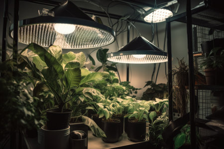 close-up of a set of lights, growing room, and ventilation system for indoor home garden, created with generative aiの素材