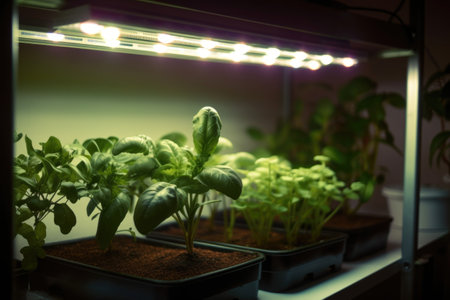 close-up of a light system in a homegrow, illuminating the plants, created with generative aiの素材