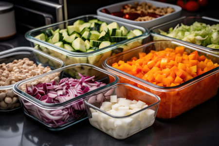 close-up of meal prep, with chopping and dicing in full swing, created with generative aiの素材