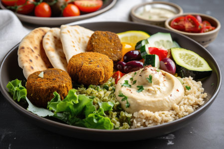 plant-based, mediterranean-inspired dinner plate with hummus, falafel and pita, created with generative aiの素材