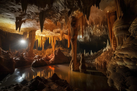 diverse range of underwater caves, with dazzling and unique formations, including towering stalactites and stalagmites, created with generative aiの素材