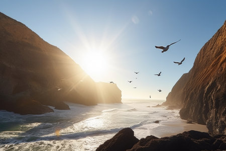 seagulls flying above coastal cliffs, their wings catching the sunlight, created with generative aiの素材