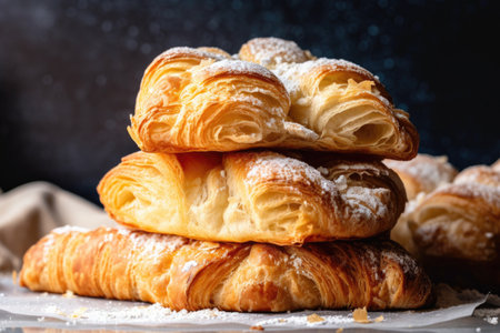 stack of croissants, layered with rich and flaky dough, and topped with a dusting of powdered sugar, created with generative aiの素材