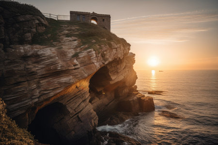 coastal cliff with rock archway, the sun setting behind it, created with generative aiの素材