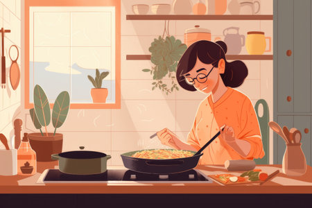person, working from home and cooking a wholesome meal for the family, created with generative aiの素材