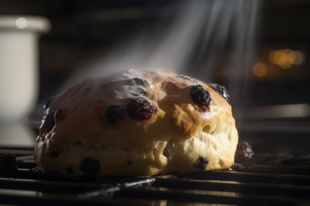 close-up of scone, with steam rising from freshly baked and still warm bun, created with generative aiの素材