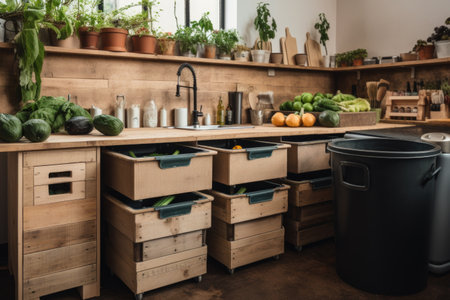 a zero-waste kitchen with compost bins, reusable containers, and fresh produce, created with generative aiの素材