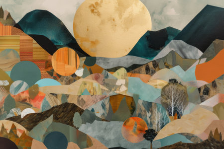 collage with various shapes and colors creating abstract landscape, created with generative aiの素材