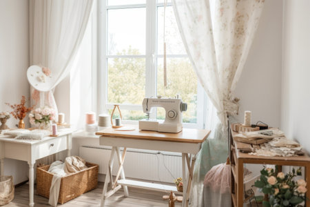 sewing studio with light and airy decor, sewing machine, and basket of fabrics, created with generative aiの素材