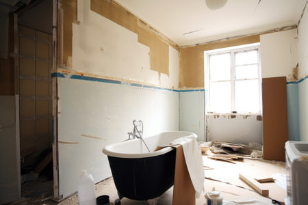 renovation project, with walls being painted and paper hung in bathroom, created with generative aiの素材