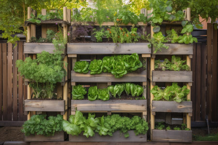 vertical garden in community garden, with vegetables and herbs growing, created with generative aiの素材