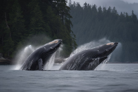 a pair of humpback whales breaching in tandem, created with generative aiの素材