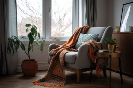 a decluttered living room with a comfortable armchair and cozy throw blanket, created with generative aiの素材