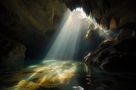 underwater cave with view of the surface, sunlight filtering through the water, created with generative aiの素材