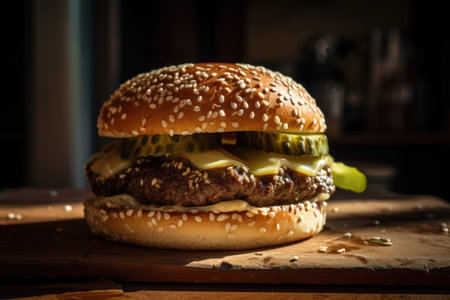 classic burger, with pickles and ketchup, on sesame seed bun, created with generative aiの素材