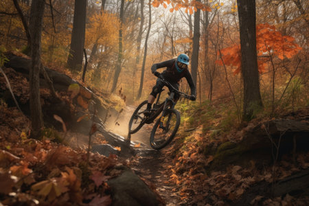 mountain biker navigating technical trail with twists and turns, created with generative aiの素材