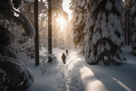 winter sports enthusiasts, snowshoeing through the snow-covered forest, created with generative aiの素材