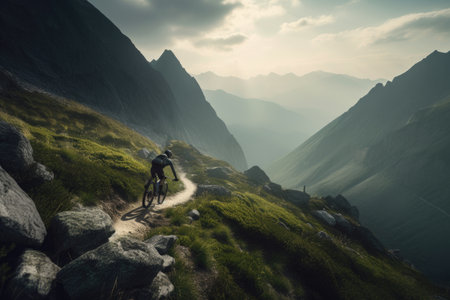 mountain biker speeding down steep and rocky trail with breathtaking view, created with generative aiの素材
