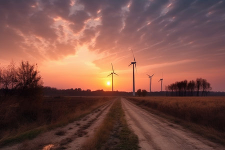 rural landscape with wind turbines and sunset sky, created with generative aiの素材