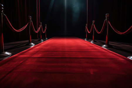 red carpet runner leading to red velvet curtain on stage, for musical performance or play, created with generative aiの素材