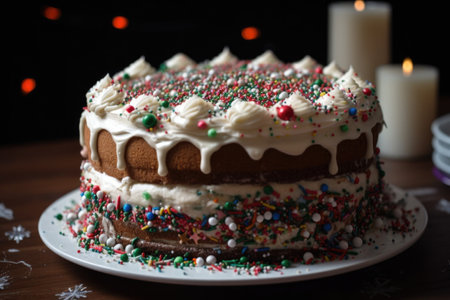 close-up of beautifully decorated holiday cake, with sprinkles and icing visible, created with generative aiの素材