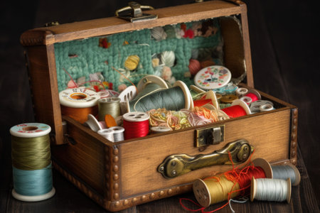sewing basket filled with different types of threads and fabrics, created with generative aiの素材