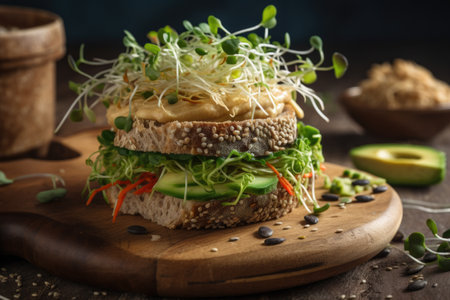 veggie sandwich with hummus, cucumber, and sprouts on multigrain roll, created with generative aiの素材