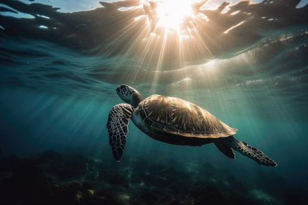 sea turtle swimming in the open ocean, with rays of sunlight shining through the water, created with generative aiの素材