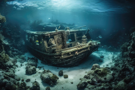 shipwreck that has been discovered and explored, with artifacts and treasures waiting to be found, created with generative aiの素材