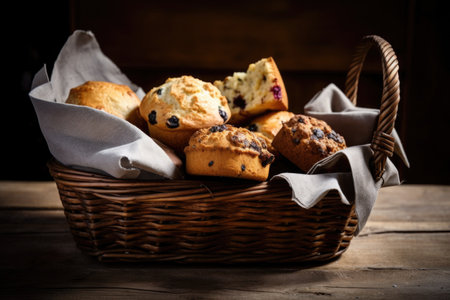 an assortment of muffins and scones in a rustic wooden basket, created with generative aiの素材
