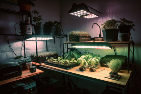 a home-grow setup with a variety of different grow lights, reflectors, and ventilation to give plants the best possible conditions, created with generative aiの素材