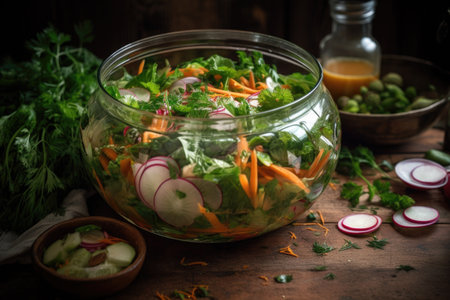fermented vegetable salad with fresh greens and herbs, created with generative aiの素材