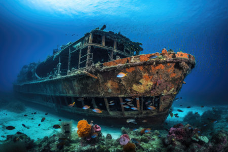 shipwreck covered in colorful and vibrant marine life, created with generative aiの素材