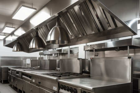 ventilation and exhaust system in commercial kitchen, with hoods above cooking stations and vents in ceiling, created with generative aiの素材