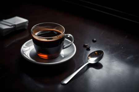 coffee break ritual, with shot of espresso and miniature spoon for stirring, created with generative aiの素材