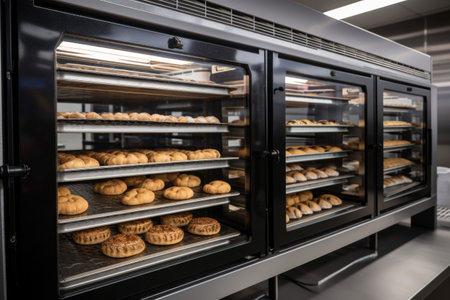 temperature-controlled holding cabinet with plates of freshly baked pastries, created with generative aiの素材