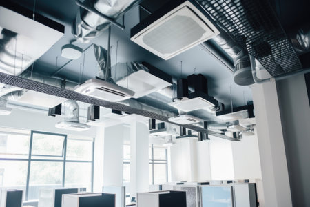 ventilation and exhaust system in modern office space, with sleek metal vents and stylish fans, created with generative aiの素材